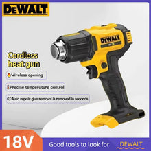 Dewalt cordless heat gun front view with temperature control, yellow and black