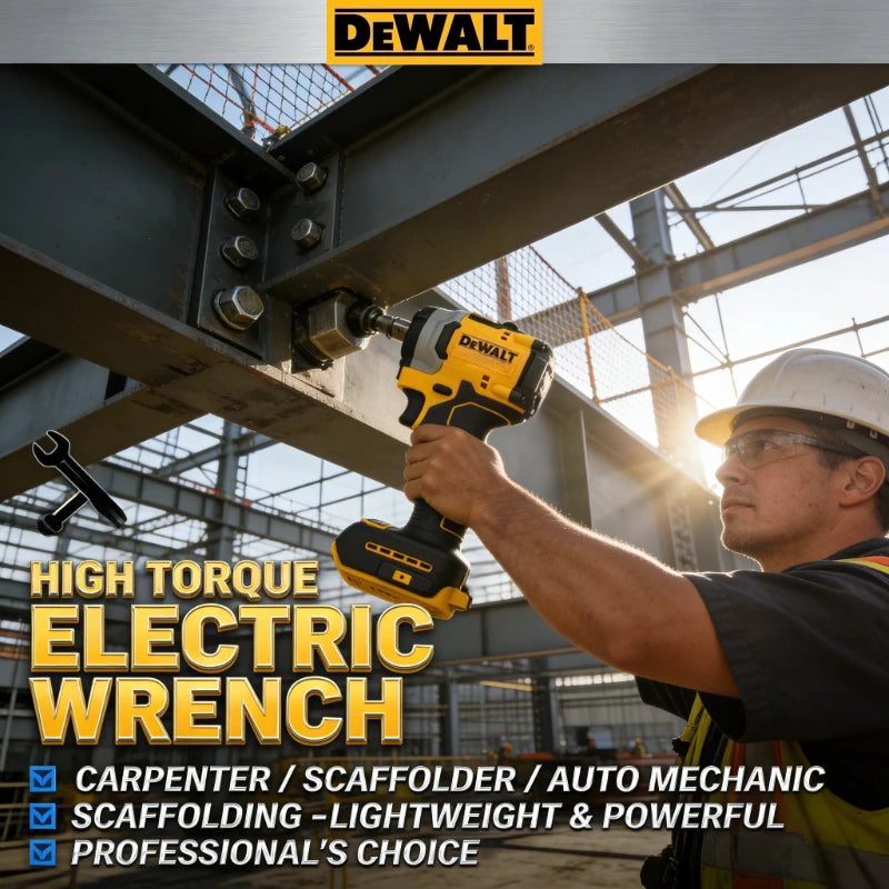 DEWALT DCF922 industrial lifestyle shot, worker with yellow-black impact wrench