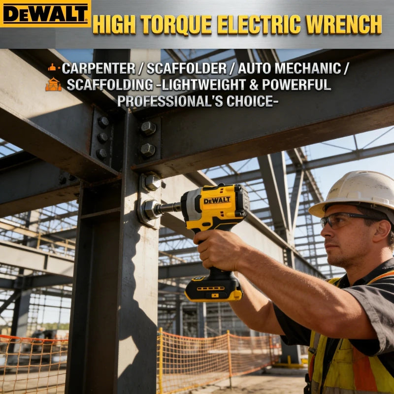 DEWALT DCF922 lifestyle shot, worker using yellow-black cordless impact wrench