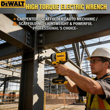 DEWALT DCF922 lifestyle shot, worker using yellow-black cordless impact wrench