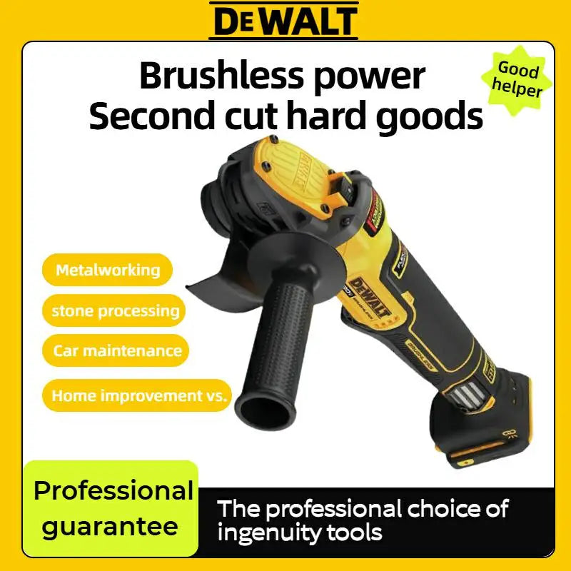 DEWALT DCG416 grinder detail, yellow and black brushless power on solid background