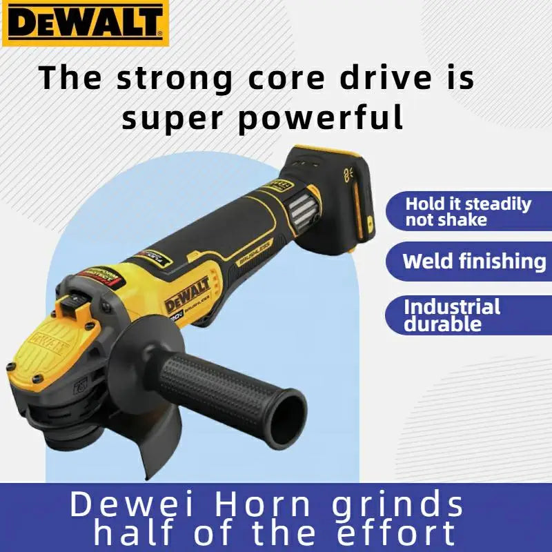 DEWALT DCG416 grinder detail, yellow and black strong core drive branding