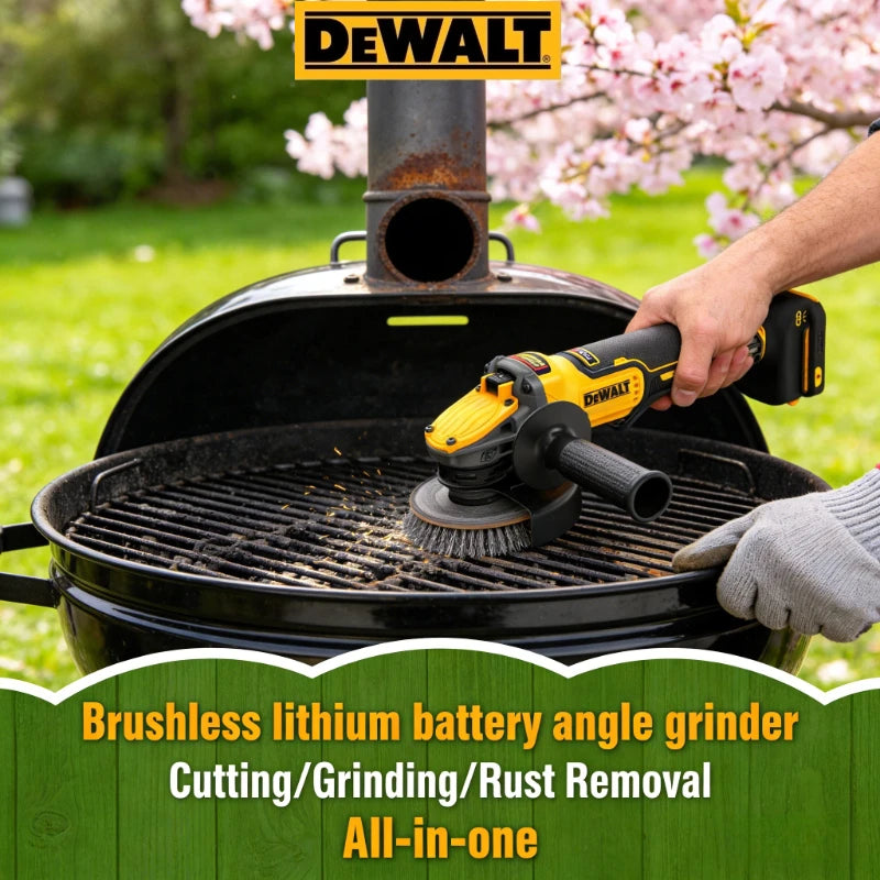 DEWALT DCG416 grinder in use, battery powered cutting and grinding outdoors