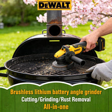 DEWALT DCG416 grinder in use, battery powered cutting and grinding outdoors