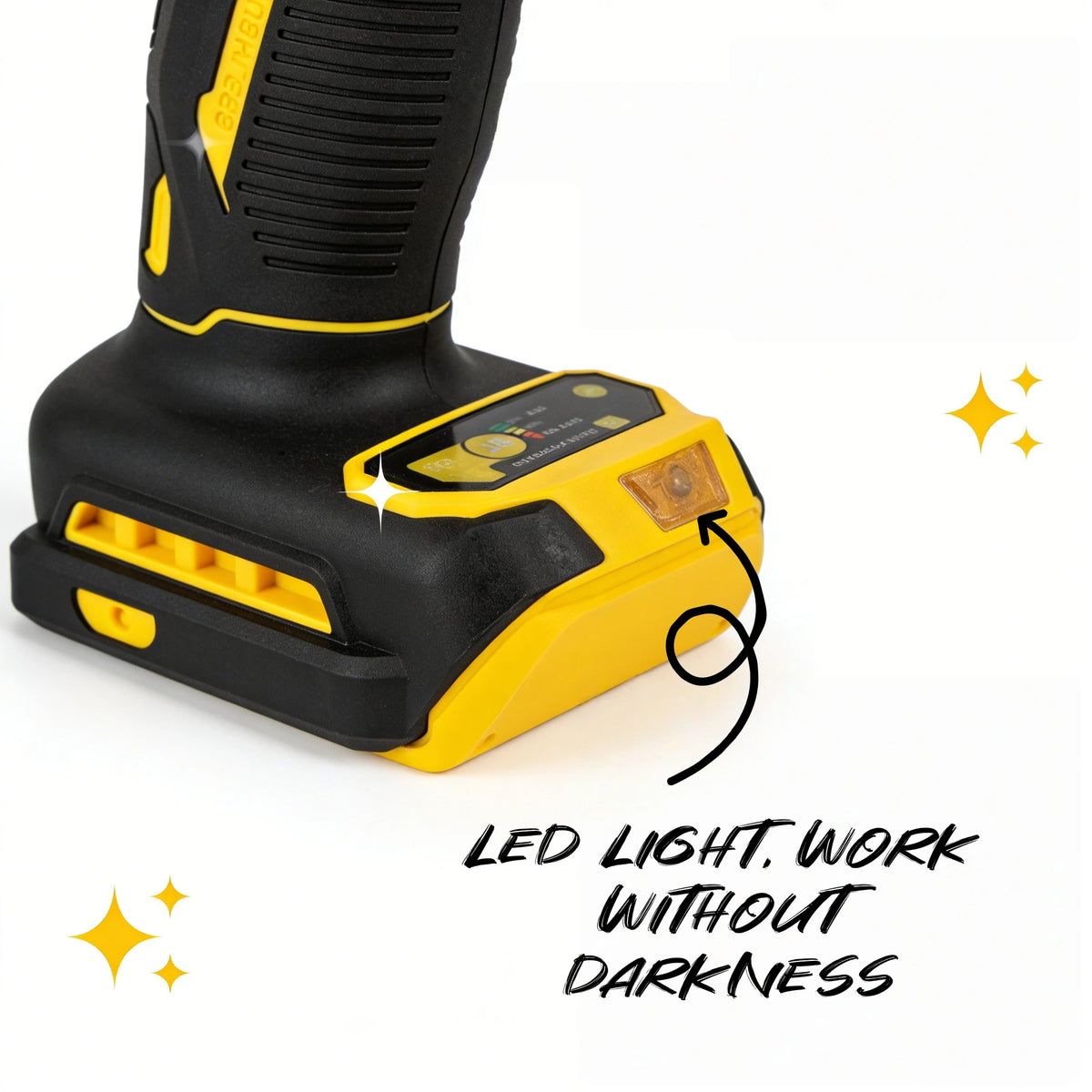 DEWALT DCD805 battery pack detail, compact black and yellow