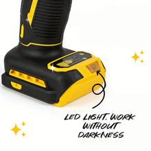 DEWALT DCD805 battery pack detail, compact black and yellow