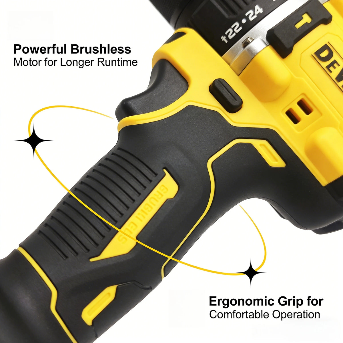 DEWALT DCD805 brushless motor detail, compact yellow and black