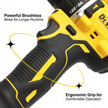 DEWALT DCD805 brushless motor detail, compact yellow and black