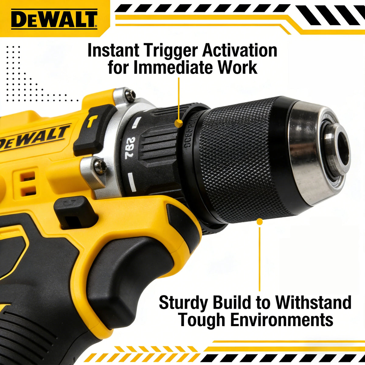 DEWALT DCD805 drill chuck detail, black and yellow close-up