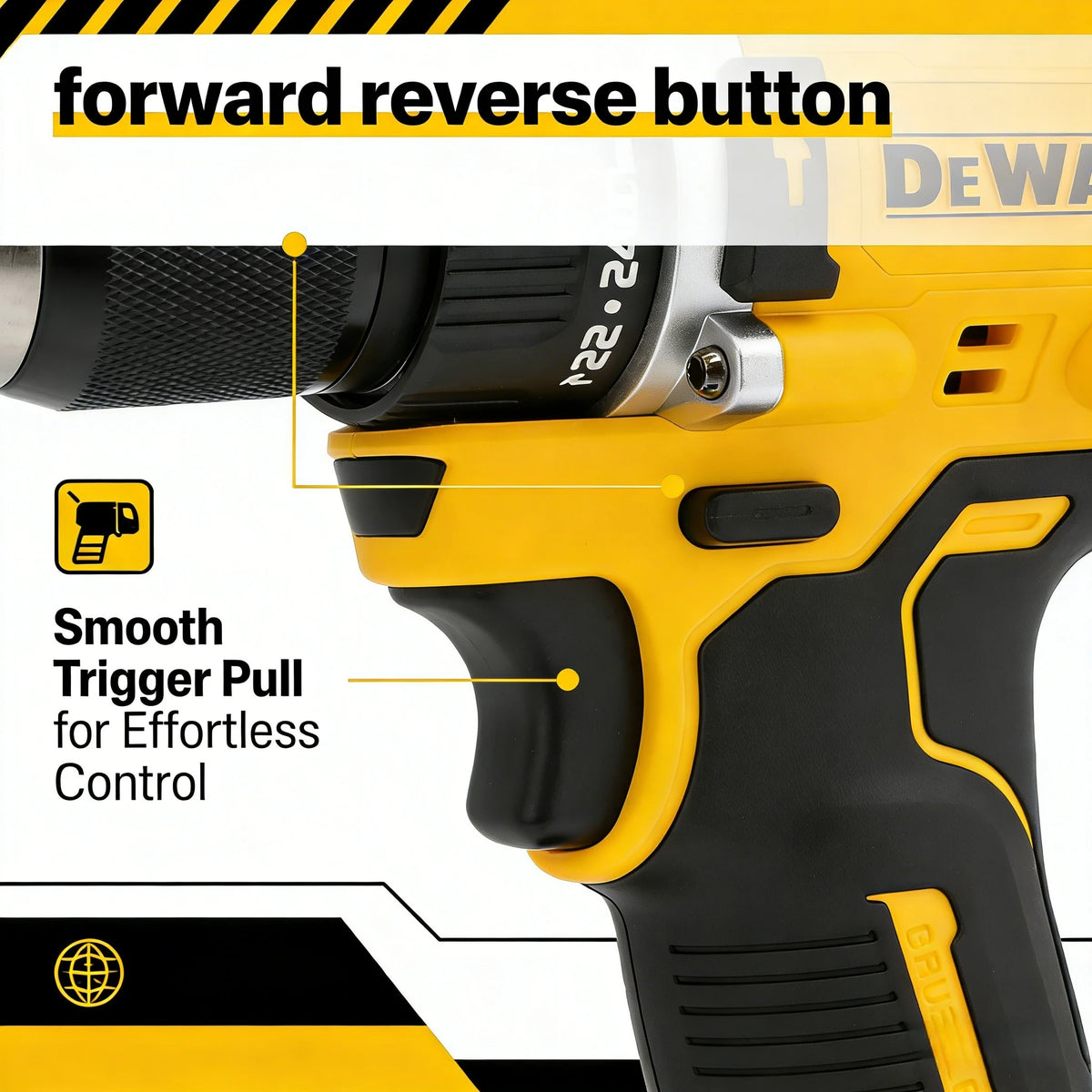 DEWALT DCD805 forward reverse button detail, yellow and black