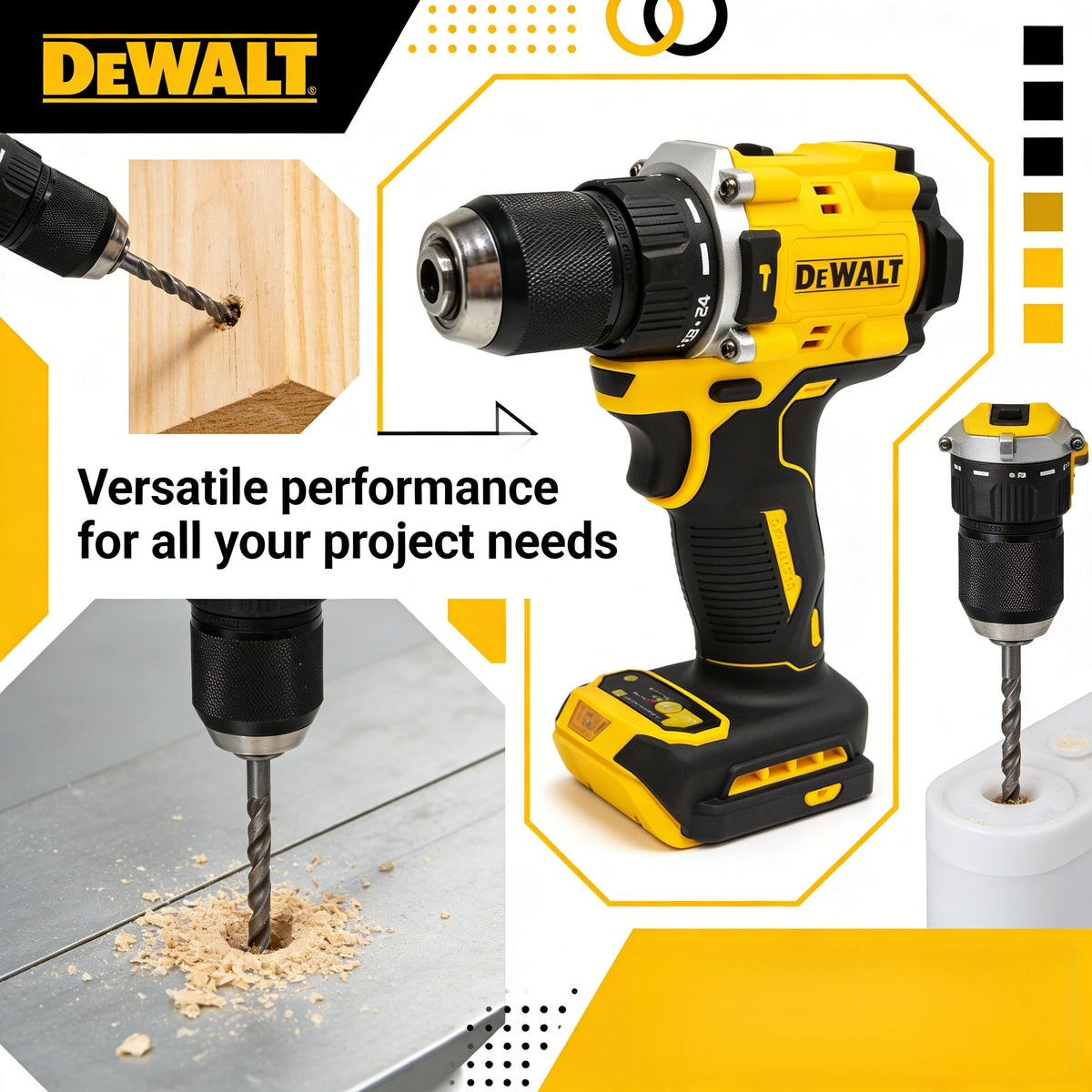 DEWALT DCD805 drill in use lifestyle shot, versatile performance