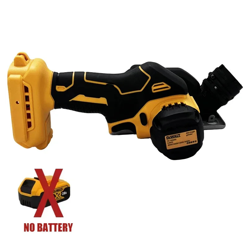 DEWALT cordless tool side view, yellow and black on white