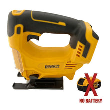 DEWALT jigsaw detail view, yellow tool on white background