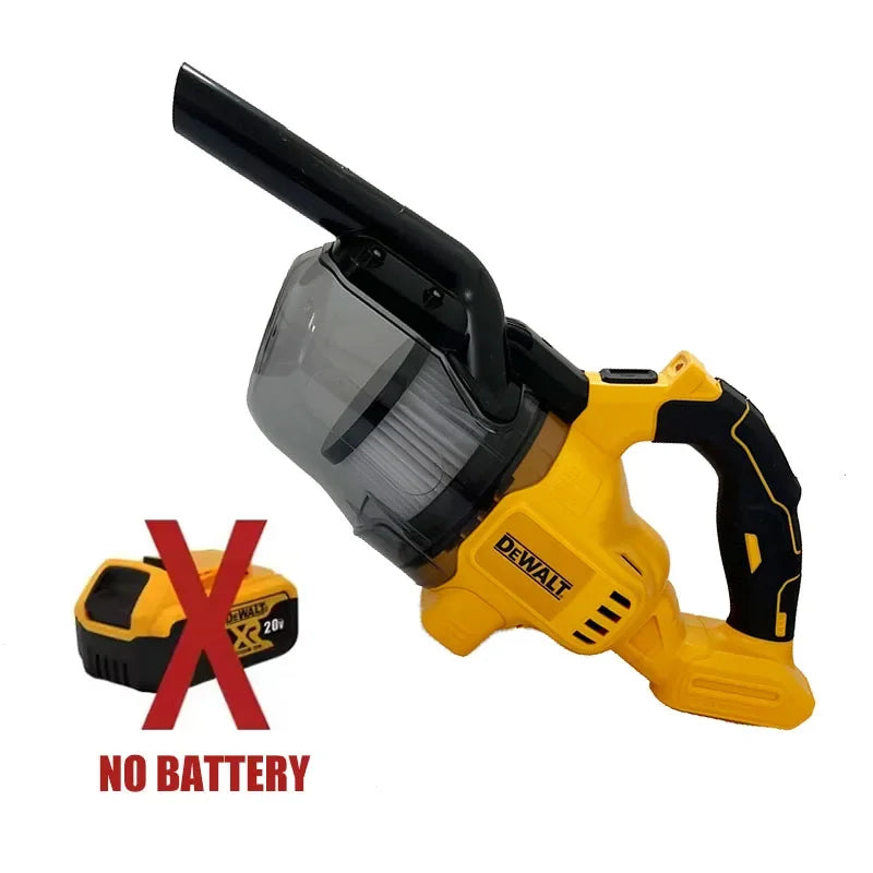 DEWALT leaf blower front view, yellow ergonomic handle on white