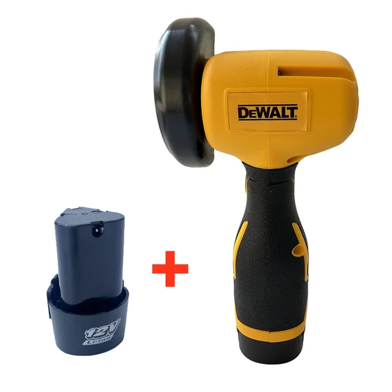 DEWALT power tool front view, yellow compact design with battery