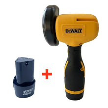 DEWALT power tool front view, yellow compact design with battery