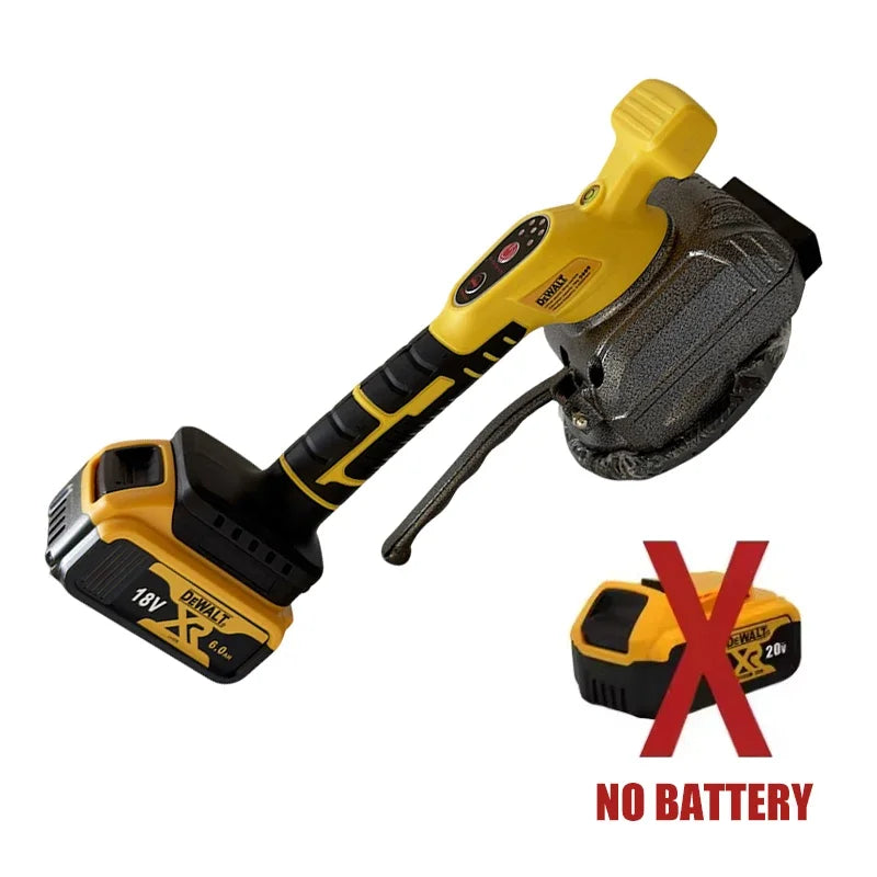 DEWALT multifunctional tools side view of yellow cordless trimmer with curved handle