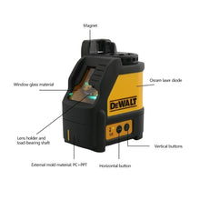 DW088CG green beam laser level detail close-up, front view on white