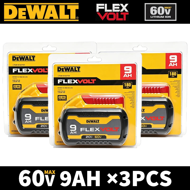 Dewalt Flexvolt 60V 9Ah battery pack packaging, yellow and black front view