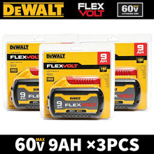 Dewalt Flexvolt 60V 9Ah battery pack packaging, yellow and black front view