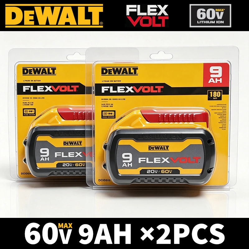 Dewalt Flexvolt 60V 9Ah battery pack packaging, yellow black red front view