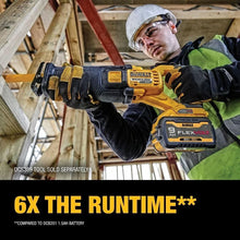 Dewalt Flexvolt battery in use with power tool, yellow and black lifestyle shot