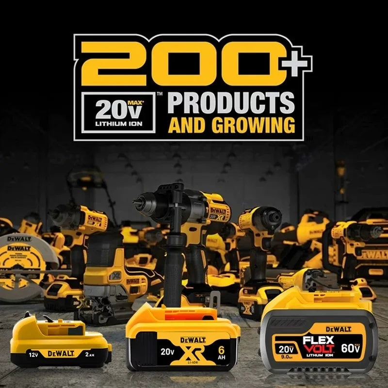 DeWalt 20V system product showcase, black and yellow tools and batteries