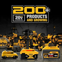 DeWalt 20V system product showcase, black and yellow tools and batteries