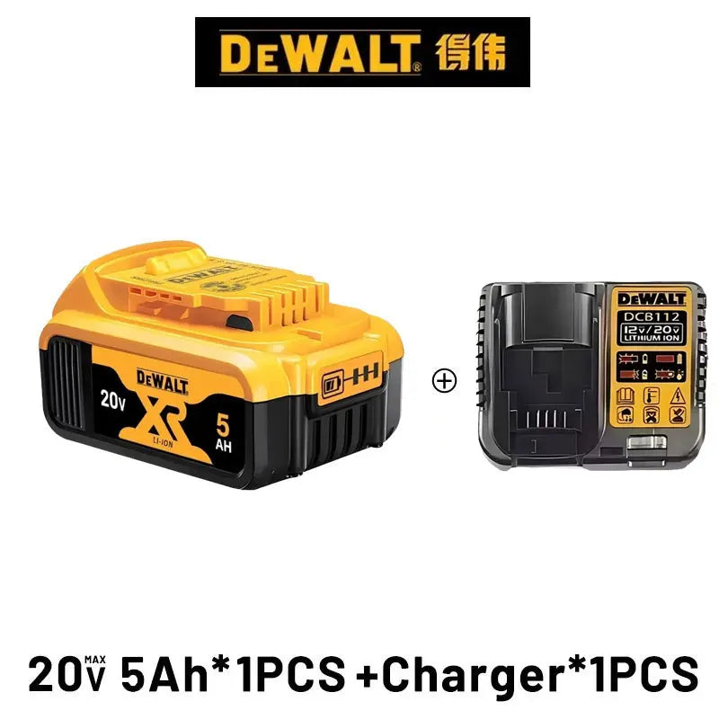 DeWalt 20V battery set front view, yellow and black on white background
