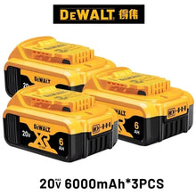 DeWalt 20V battery pack front view, yellow and black on white background