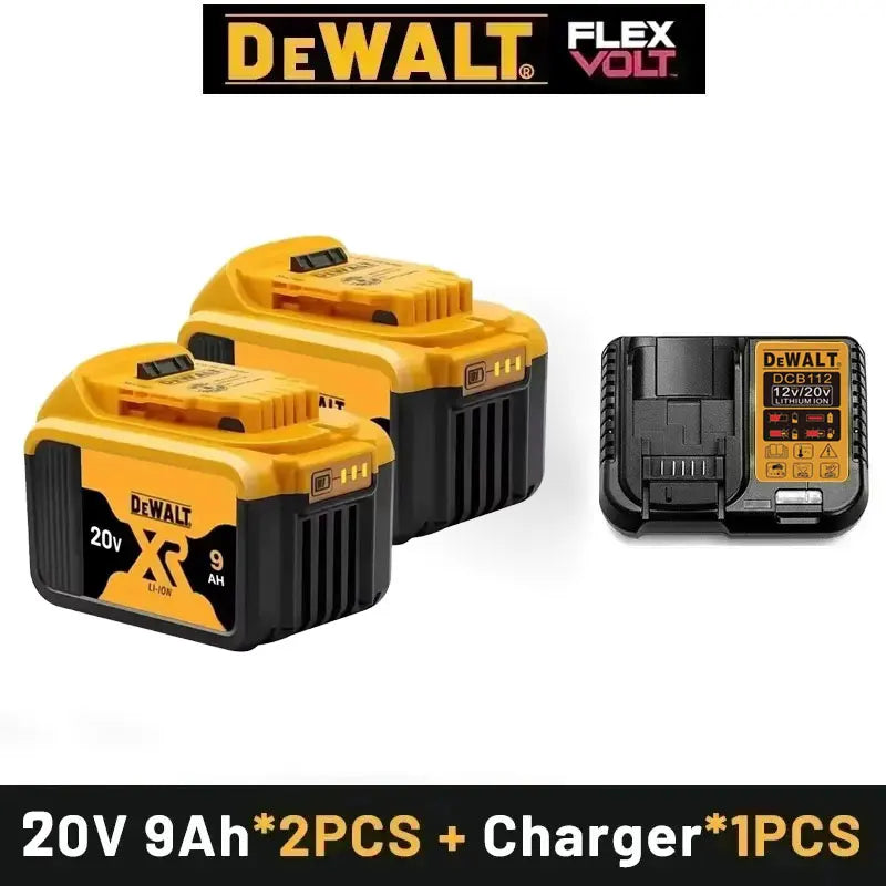 DeWalt 20V battery set packaging, yellow and black with 2 batteries