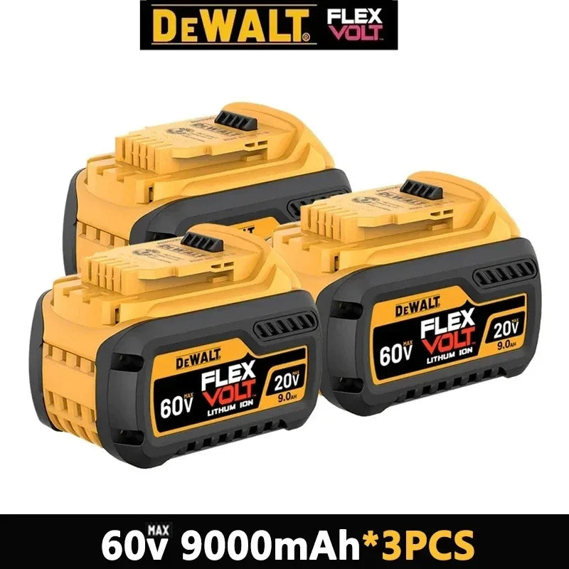 DeWalt 20V battery set packaging, yellow and black with 3 batteries
