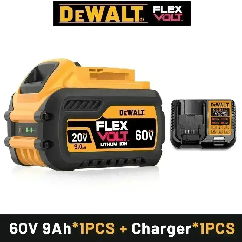 Dewalt battery and charger set packaging, black and yellow, front view