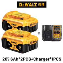 Dewalt battery and charger set packaging, yellow and black, front view