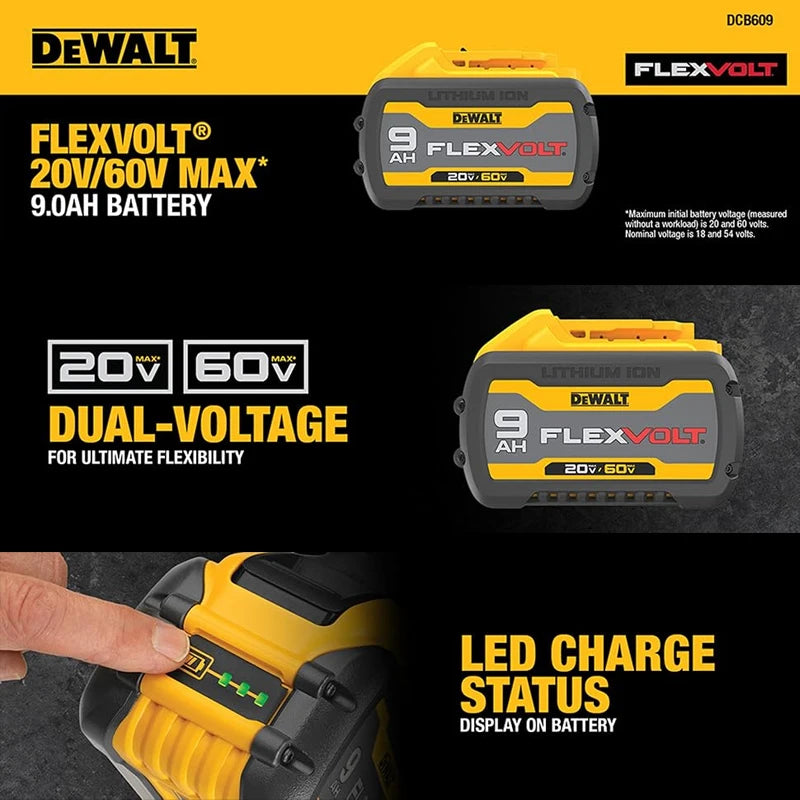 DEWALT 60V FlexVolt dual-voltage specs packaging with LED charge indicator
