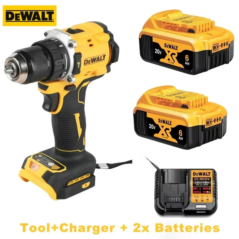 DeWalt cordless drill lifestyle shot, yellow and black, two batteries