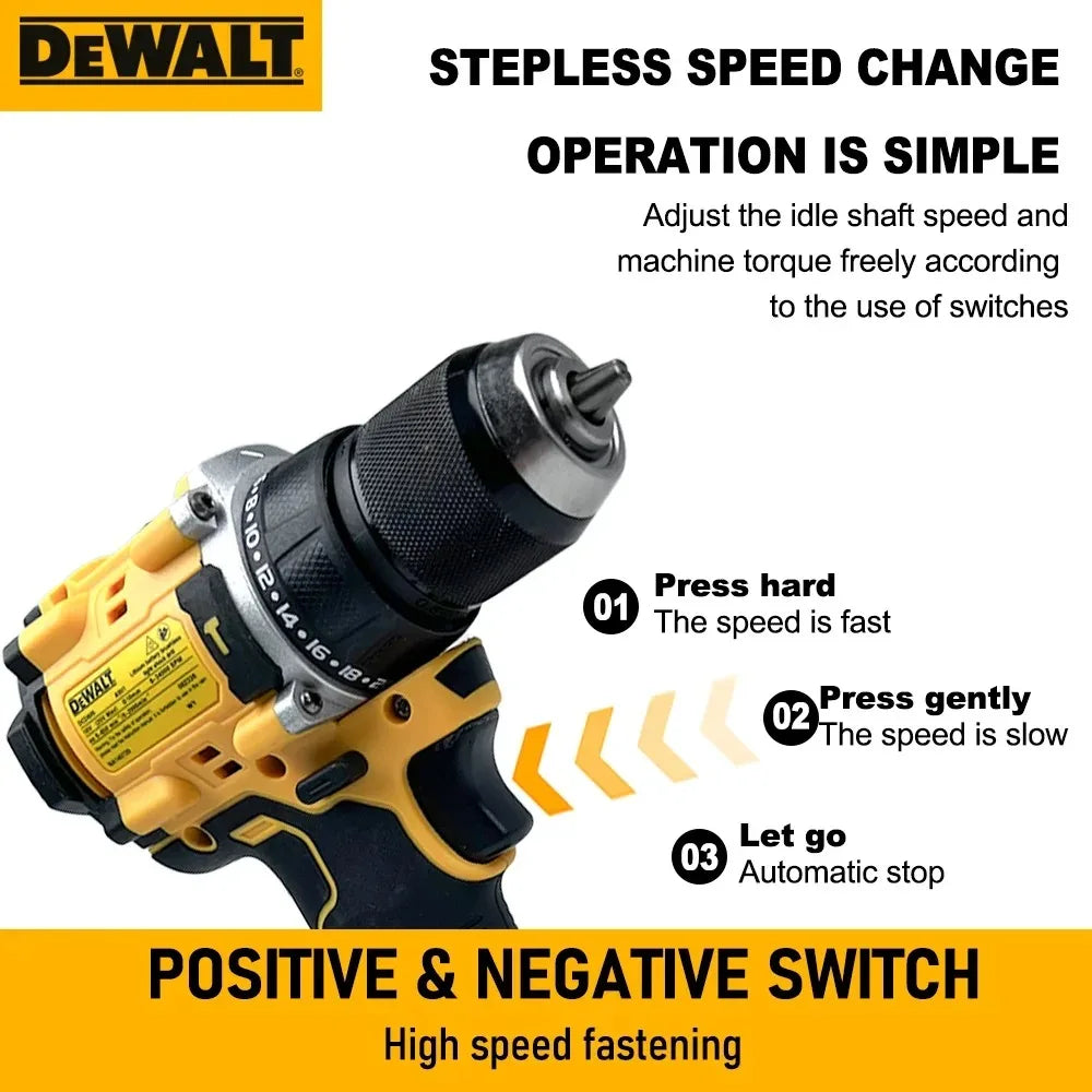 Dewalt drill feature close-up in yellow and black, control switch detail