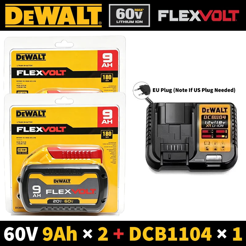 DEWALT FLEXVOLT 60V 9Ah bundle packaging, two batteries and charger