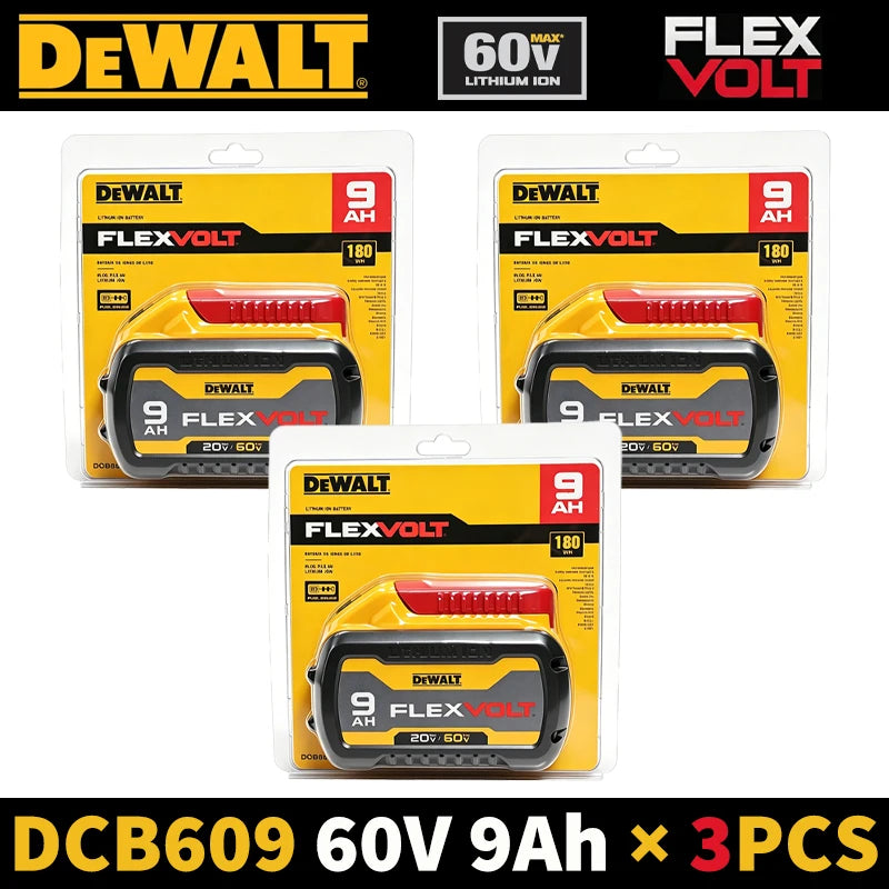 DEWALT 60V 9Ah battery pack packaging, three pieces label