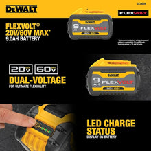 DEWALT 60V 9Ah battery specs close-up, dual-voltage and LED