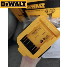 DEWALT charger detail, yellow and black with LED indicator