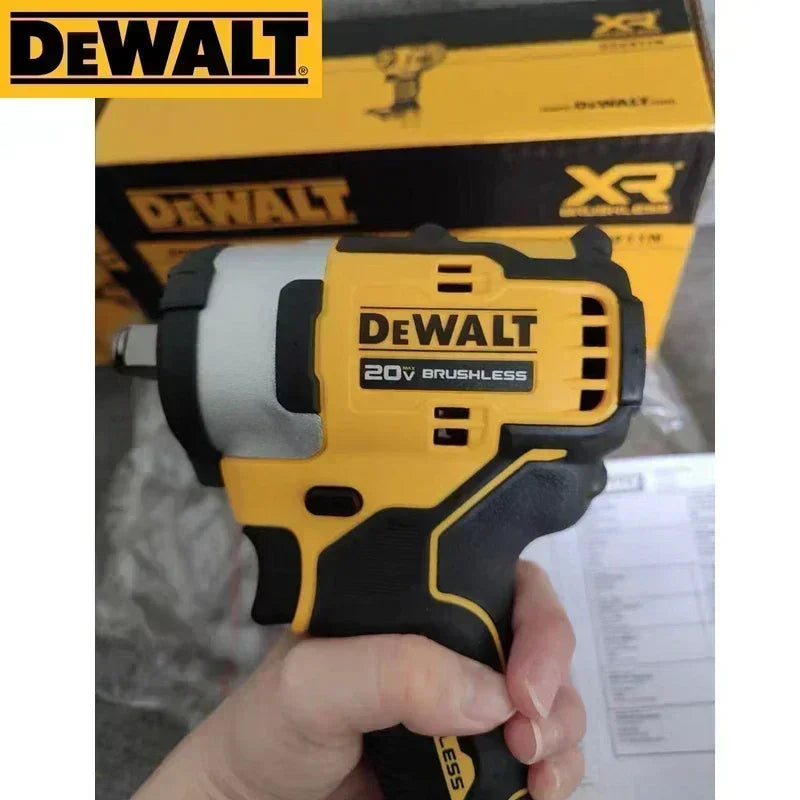 DEWALT DCF911 front view with box, yellow and black impact wrench