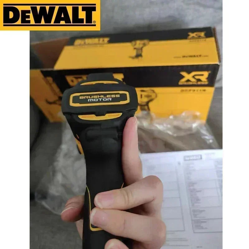 DEWALT DCF911 handle front view, ergonomic grip in black and yellow
