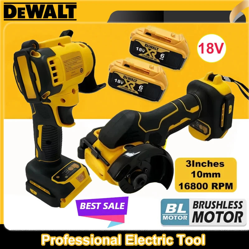 DEWALT cordless grinder yellow-black, lifestyle shot with batteries included
