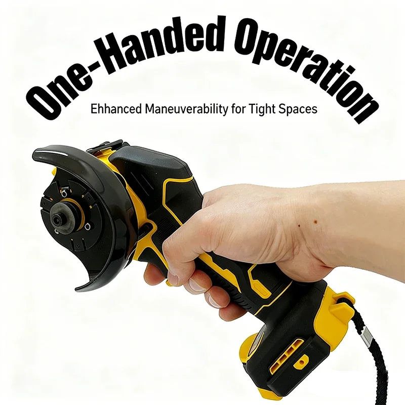 DEWALT cordless grinder yellow-black, ergonomic grip side view