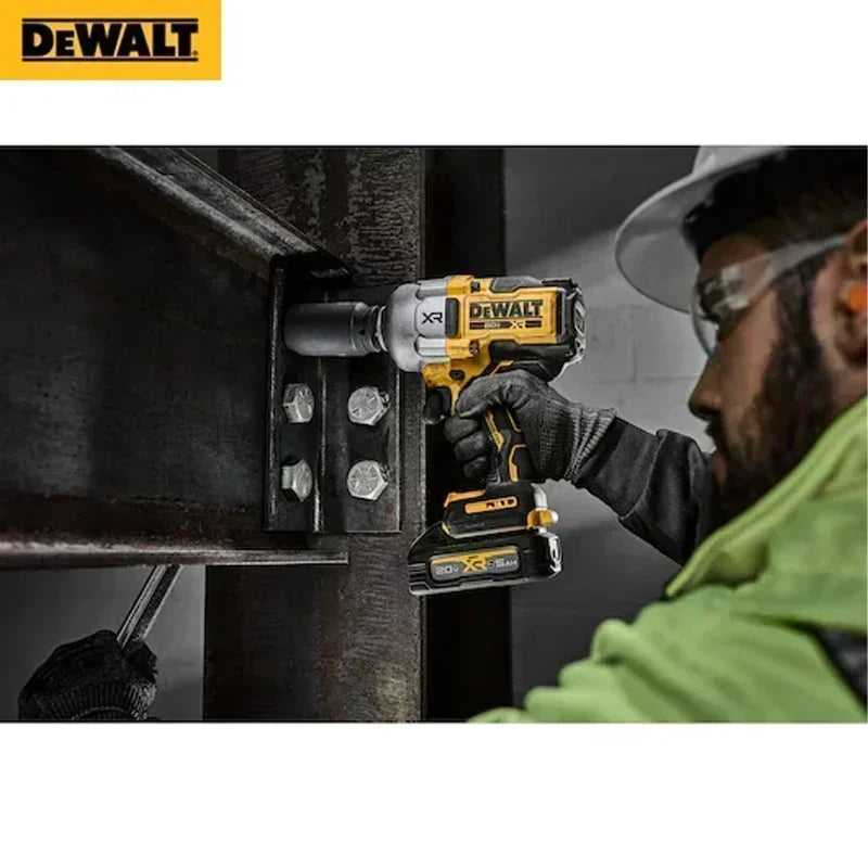 DEWALT DCF964 impact wrench used by worker in safety gear, yellow and black