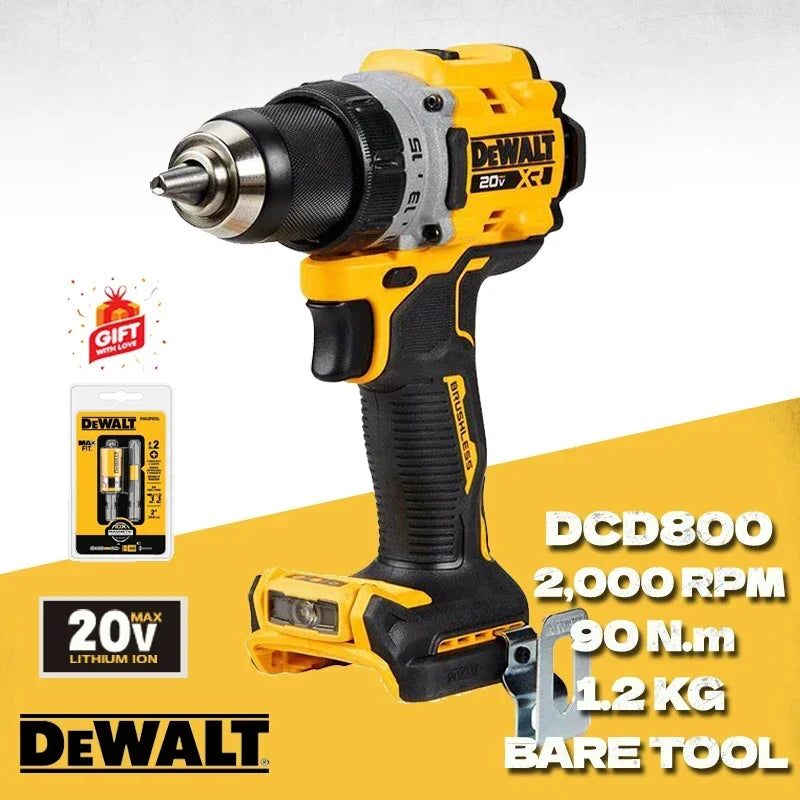DEWALT DCD800 detail close-up of yellow and black brushless drill
