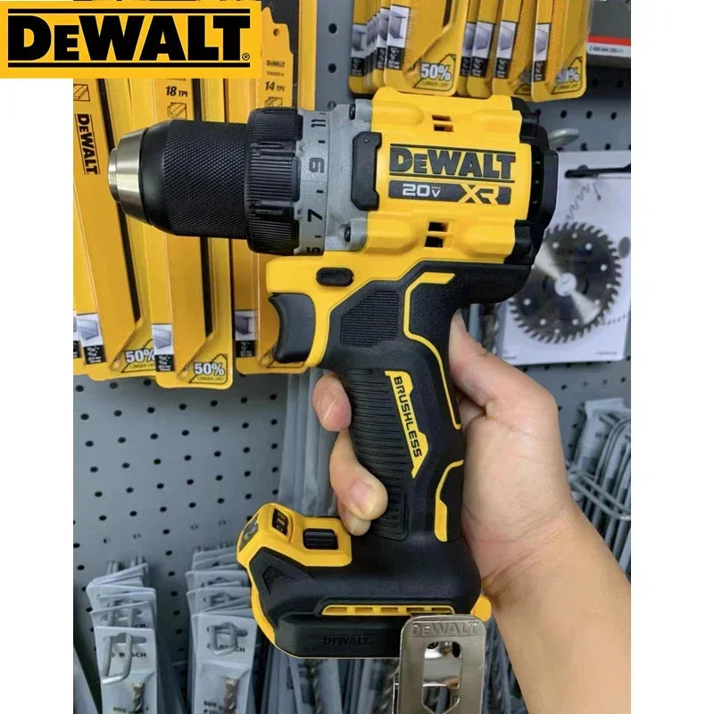 DEWALT DCD800 lifestyle shot with ergonomic handle in yellow and black