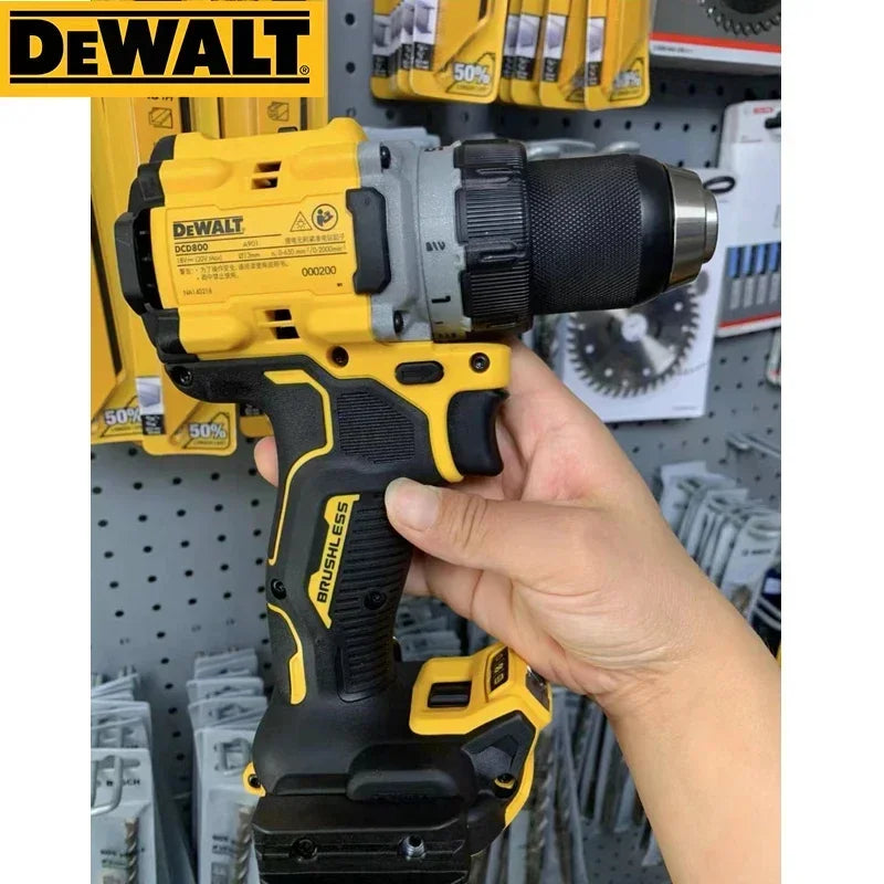 DEWALT DCD800 side view highlighting chuck on yellow and black drill