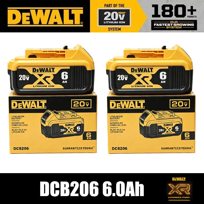 DeWalt 20V XR battery pack packaging, yellow and black, two batteries shown